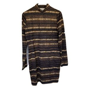 Victoria Sport Dress Sz Medium Bodycon Open Back Gold Black Stripes Womens Party